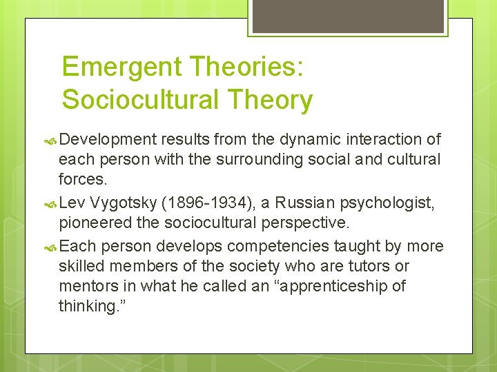 Emergent Theories: Sociocultural Theory Development results from the dynamic interaction of each person with