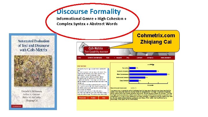 Discourse Formality Informational Genre + High Cohesion + Complex Syntax + Abstract Words Cohmetrix.