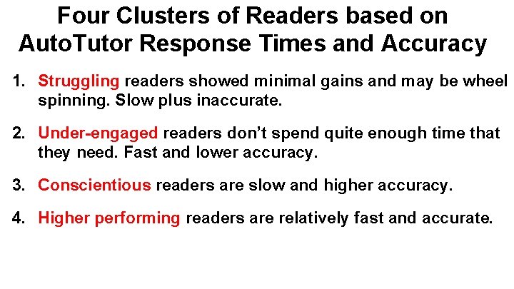 Four Clusters of Readers based on Auto. Tutor Response Times and Accuracy 1. Struggling