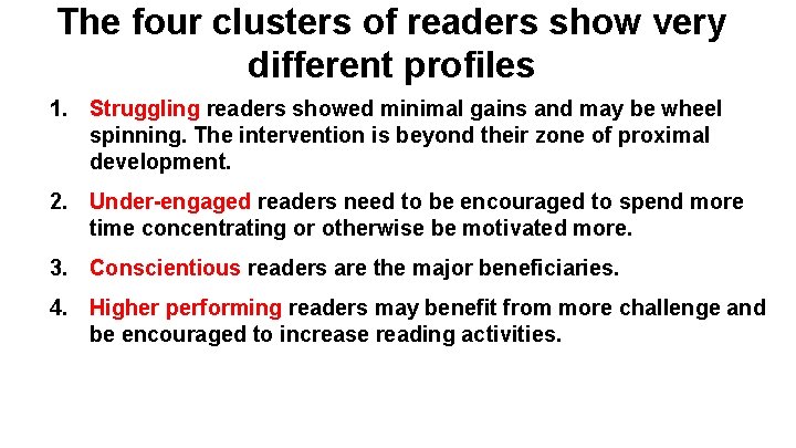 The four clusters of readers show very different profiles 1. Struggling readers showed minimal