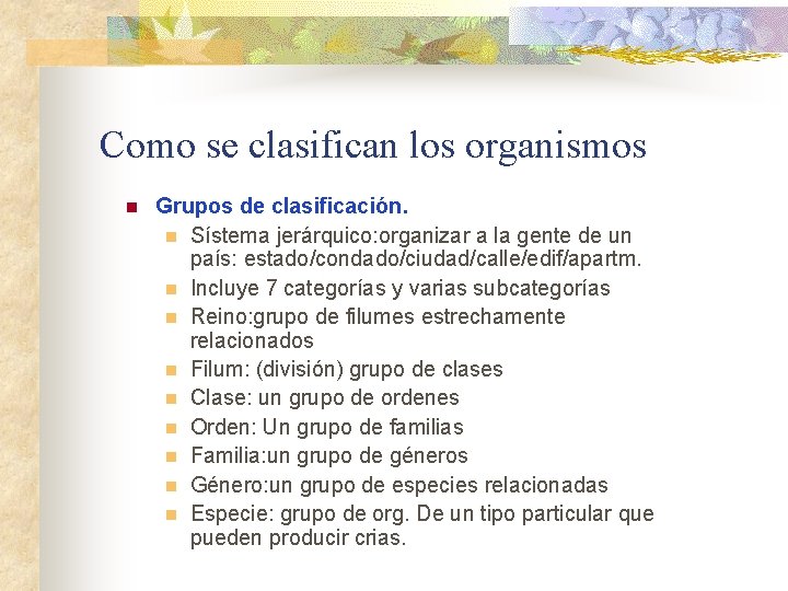 Como se clasifican los organismos n Grupos de clasificación. n Sístema jerárquico: organizar a