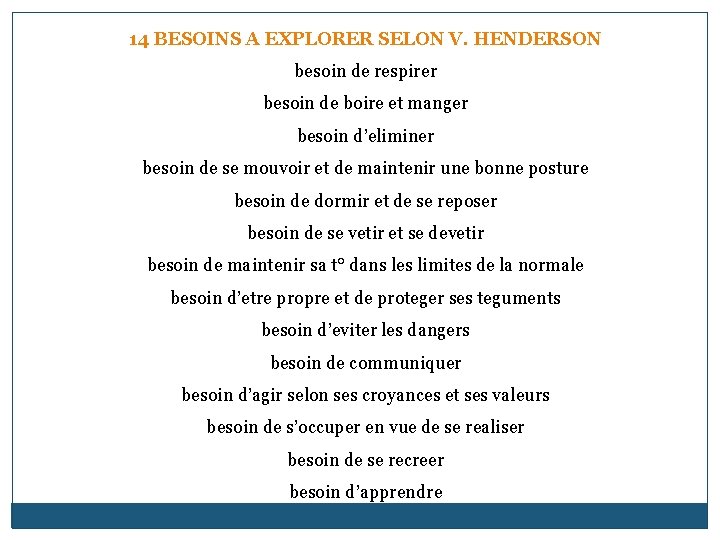 14 BESOINS A EXPLORER SELON V. HENDERSON besoin de respirer besoin de boire et