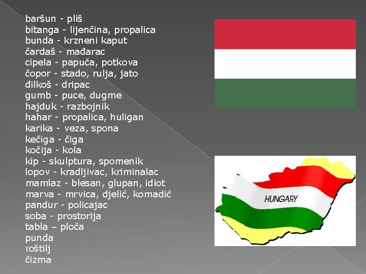 baršun - pliš bitanga - lijenčina, propalica bunda - krzneni kaput čardaš - mađarac