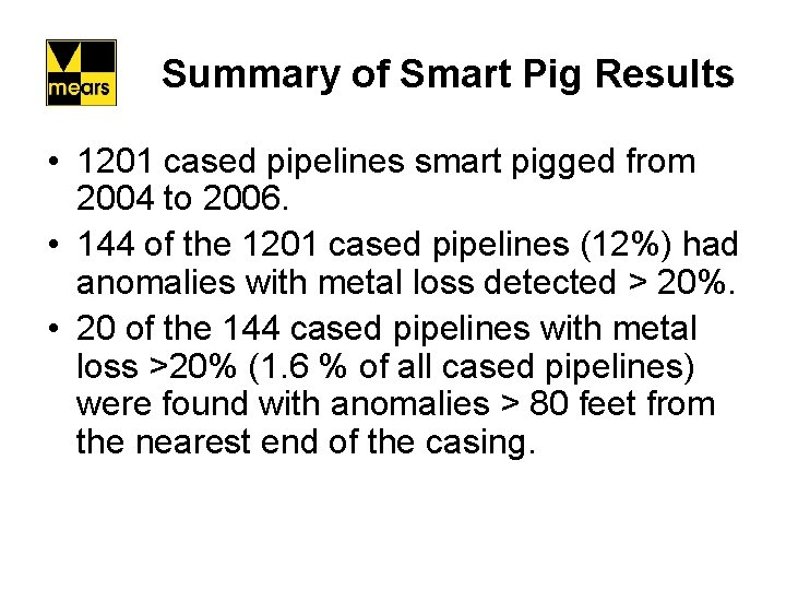 Summary of Smart Pig Results • 1201 cased pipelines smart pigged from 2004 to
