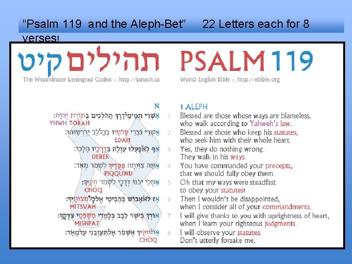 “Psalm 119 and the Aleph-Bet” verses! 22 Letters each for 8 