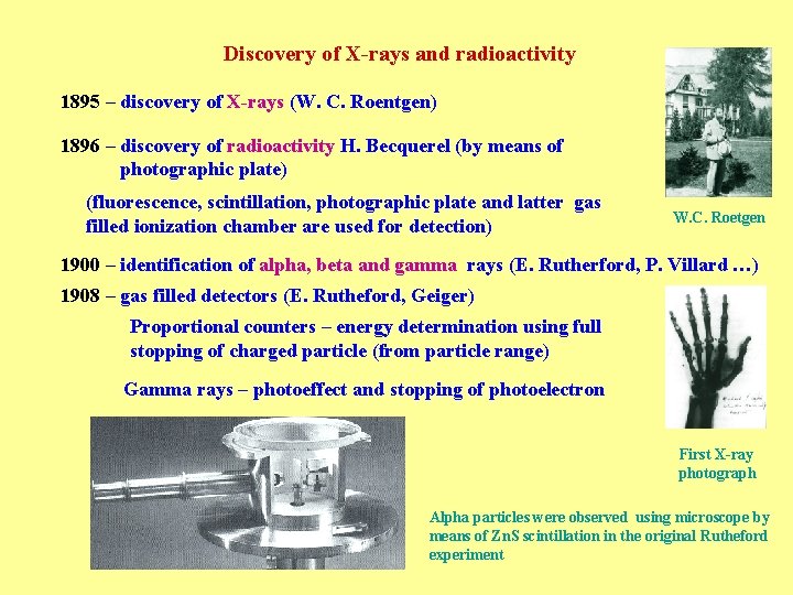 Discovery of X-rays and radioactivity 1895 – discovery of X-rays (W. C. Roentgen) 1896