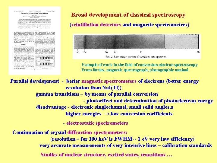 Broad development of classical spectroscopy (scintillation detectors and magnetic spectrometers) Example of work in
