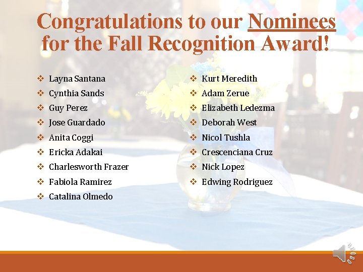 Congratulations to our Nominees for the Fall Recognition Award! v Layna Santana v Kurt