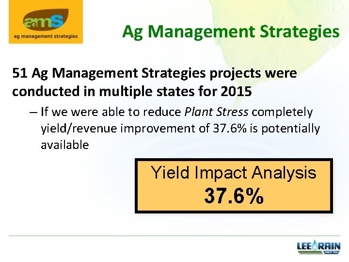 Ag Management Strategies 51 Ag Management Strategies projects were conducted in multiple states for