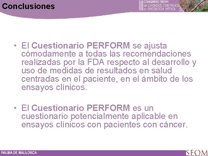 Conclusiones • El Cuestionario PERFORM se ajusta cómodamente a todas las recomendaciones realizadas por