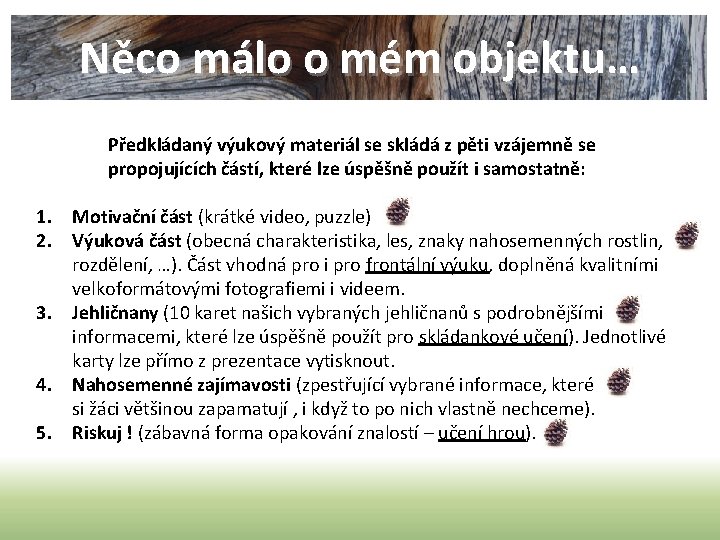 Něco málo o mém objektu… Předkládaný výukový materiál se skládá z pěti vzájemně se