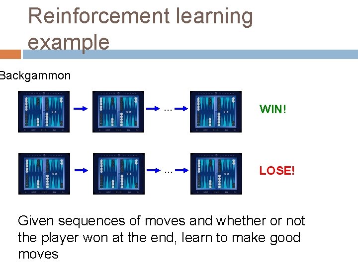 Reinforcement learning example Backgammon … WIN! … LOSE! Given sequences of moves and whether