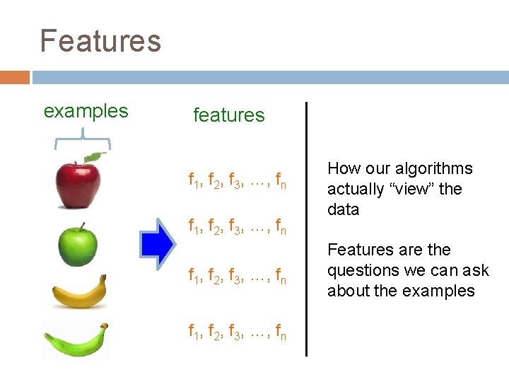 Features examples features f 1, f 2, f 3, …, fn How our algorithms