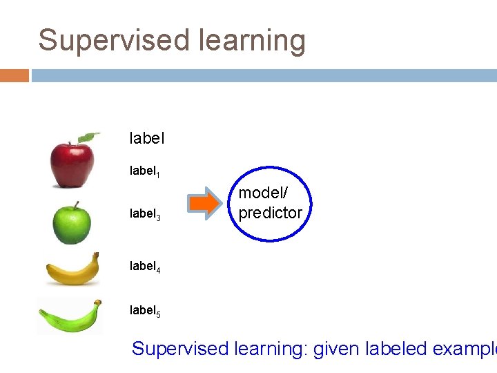 Supervised learning label 1 label 3 model/ predictor label 4 label 5 Supervised learning: