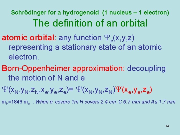 Schrödinger for a hydrogenoid (1 nucleus – 1 electron) The definition of an orbital Schrödinger for a hydrogenoid (1 nucleus – 1 electron) The definition of an orbital