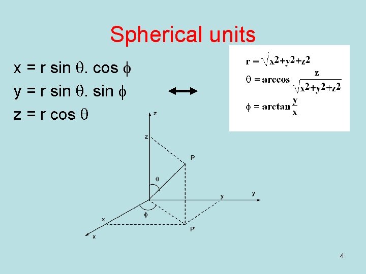 Spherical units x = r sin q. cos f y = r sin q. Spherical units x = r sin q. cos f y = r sin q.