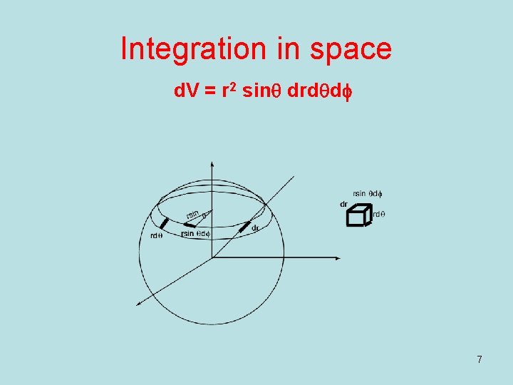 Integration in space d. V = r 2 sinq drdqdf 7 Integration in space d. V = r 2 sinq drdqdf 7