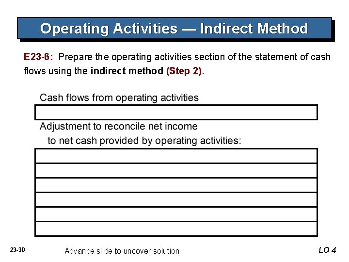 Operating Activities — Indirect Method E 23 -6: Prepare the operating activities section of