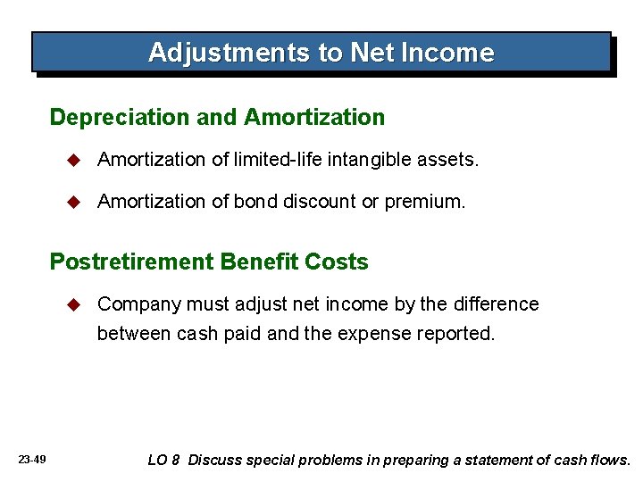 Adjustments to Net Income Depreciation and Amortization u Amortization of limited-life intangible assets. u