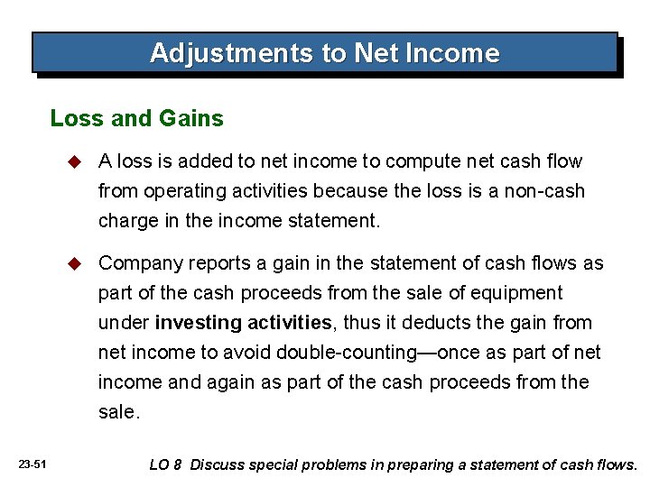 Adjustments to Net Income Loss and Gains u A loss is added to net
