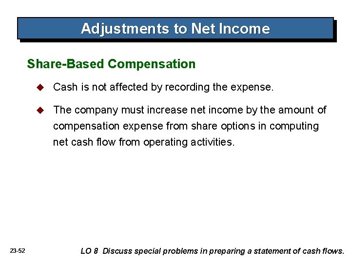 Adjustments to Net Income Share-Based Compensation 23 -52 u Cash is not affected by