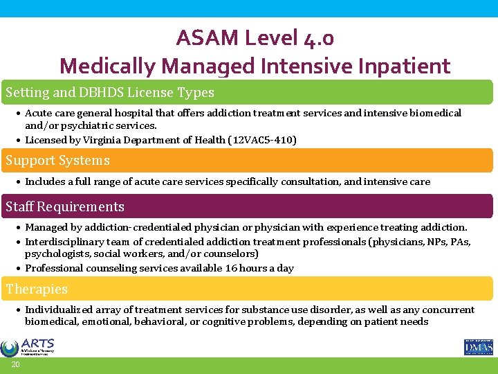ASAM Level 4. 0 Medically Managed Intensive Inpatient Setting and DBHDS License Types. Services