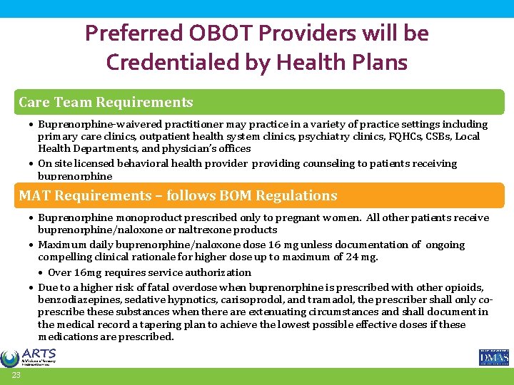 Preferred OBOT Providers will be Credentialed by Health Plans Care Team Requirements • Buprenorphine-waivered