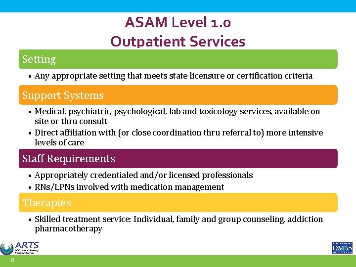 ASAM Level 1. 0 Outpatient Services Setting • Any appropriate setting that meets state