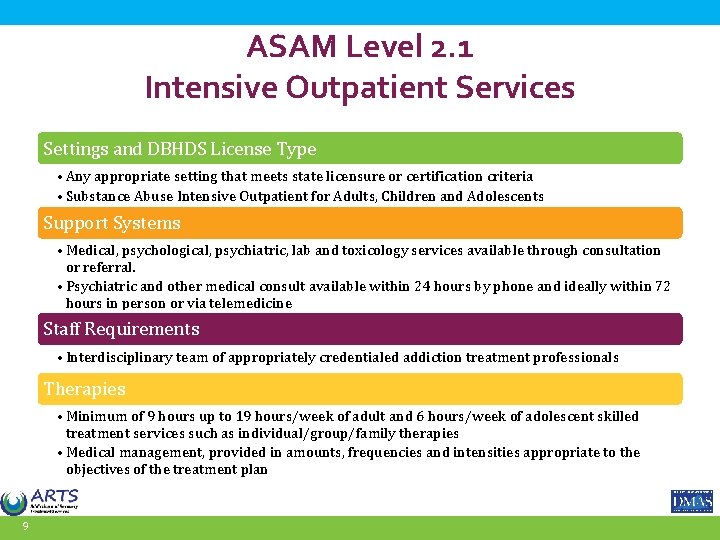 ASAM Level 2. 1 Intensive Outpatient Services Settings and DBHDS License Type • Any