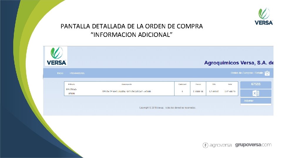 PANTALLA DETALLADA DE LA ORDEN DE COMPRA “INFORMACION ADICIONAL” 