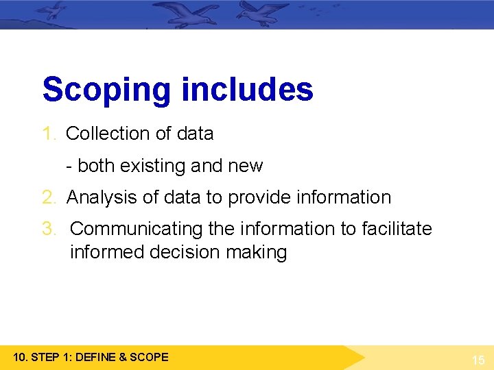 Scoping includes 1. Collection of data - both existing and new 2. Analysis of Scoping includes 1. Collection of data - both existing and new 2. Analysis of