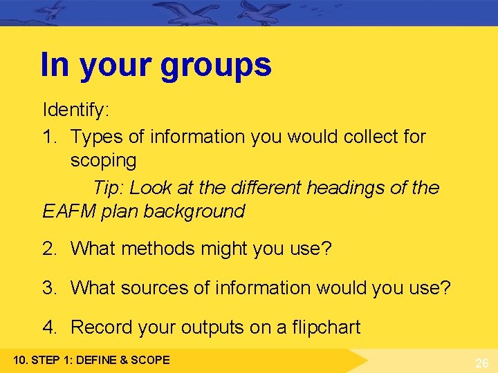 In your groups Identify: 1. Types of information you would collect for scoping Tip: In your groups Identify: 1. Types of information you would collect for scoping Tip: