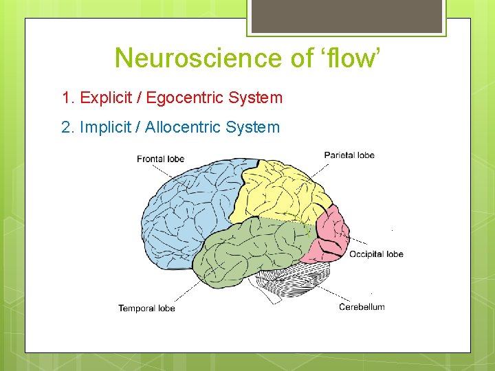 Neuroscience of ‘flow’ 1. Explicit / Egocentric System 2. Implicit / Allocentric System 