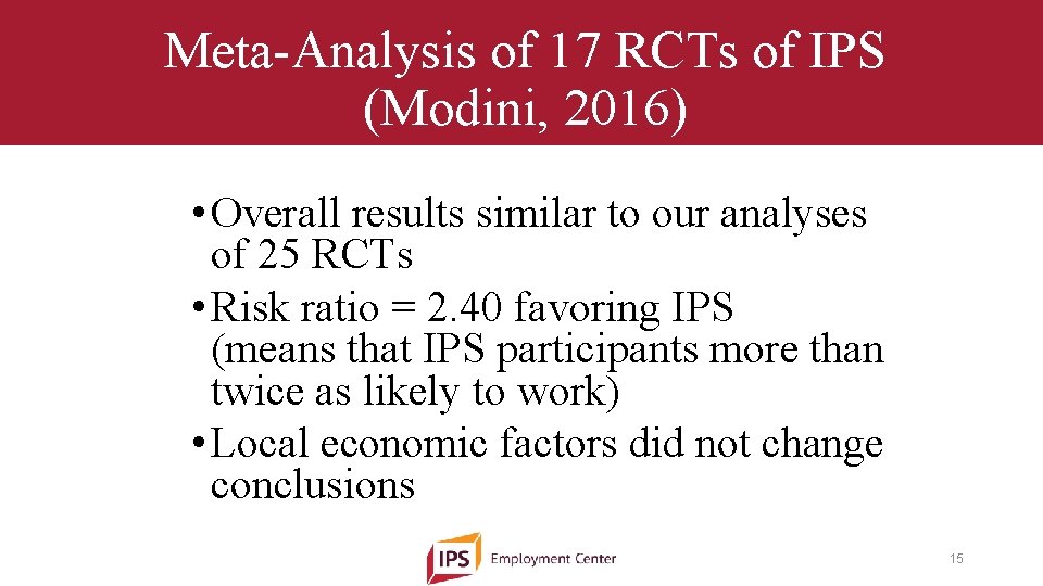 Meta-Analysis of 17 RCTs of IPS (Modini, 2016) • Overall results similar to our
