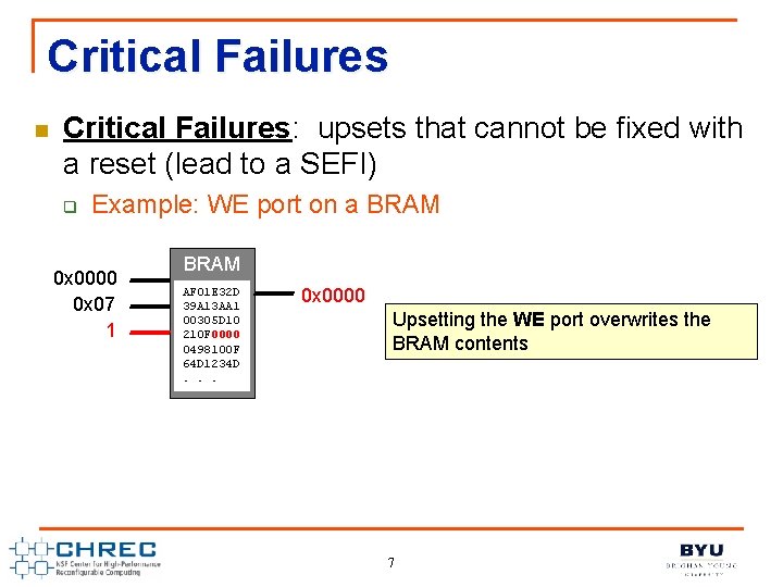 Critical Failures n Critical Failures: upsets that cannot be fixed with a reset (lead