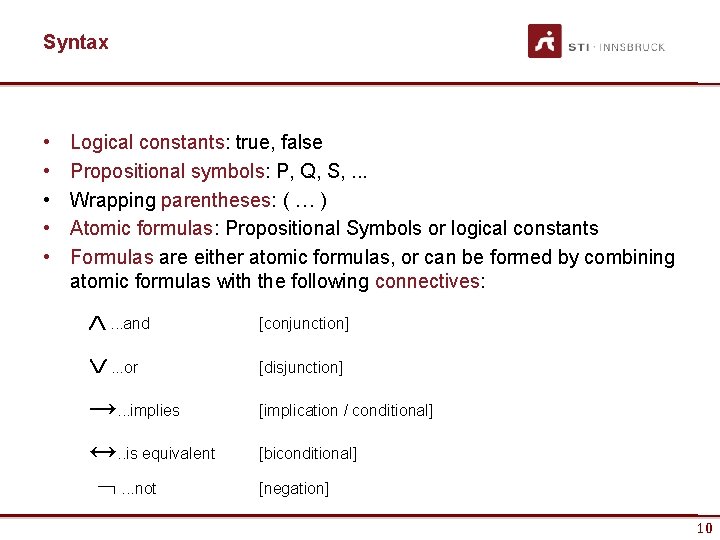 Syntax • • • Logical constants: true, false Propositional symbols: P, Q, S, .