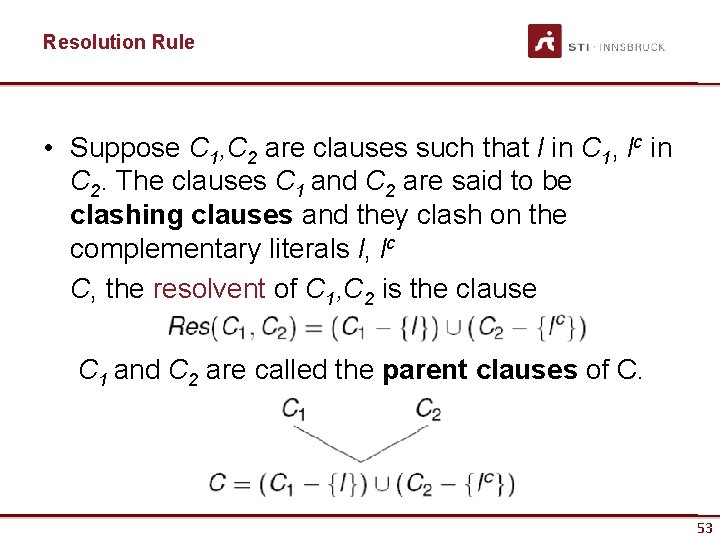 Resolution Rule • Suppose C 1, C 2 are clauses such that l in