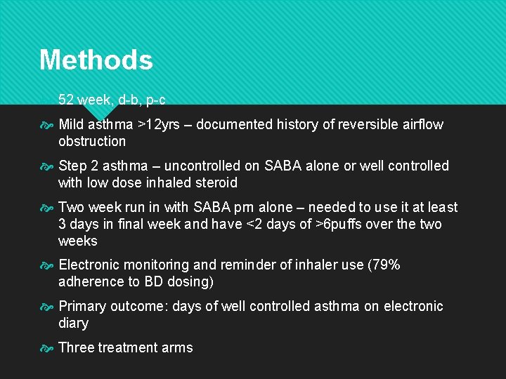 Methods 52 week, d-b, p-c Mild asthma >12 yrs – documented history of reversible