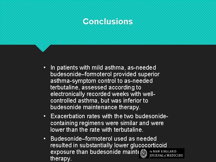 Conclusions • In patients with mild asthma, as-needed budesonide–formoterol provided superior asthma-symptom control to