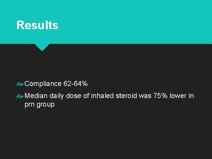 Results Compliance 62 -64% Median daily dose of inhaled steroid was 75% lower in