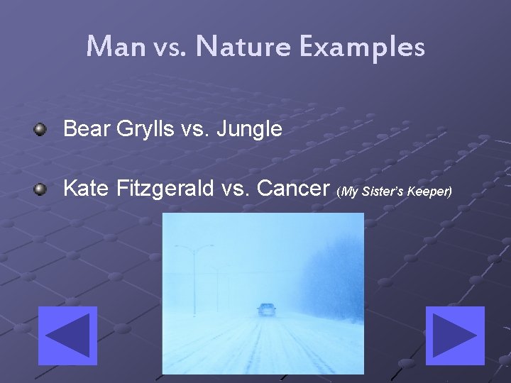 Man vs. Nature Examples Bear Grylls vs. Jungle Kate Fitzgerald vs. Cancer (My Sister’s