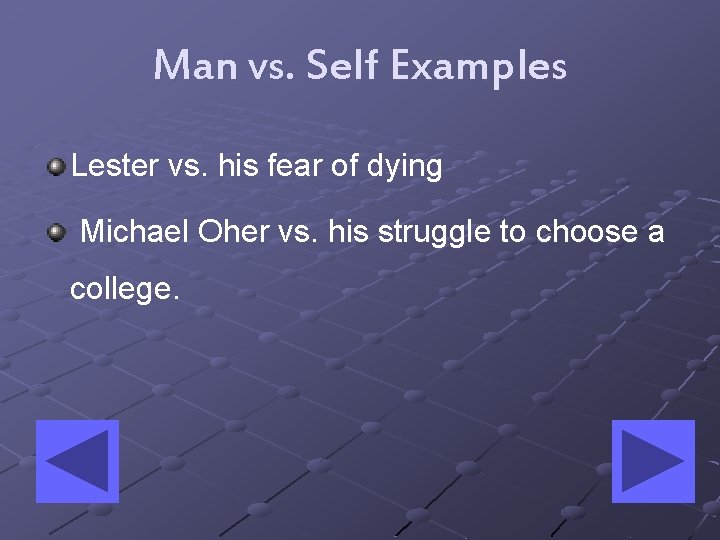 Man vs. Self Examples Lester vs. his fear of dying Michael Oher vs. his