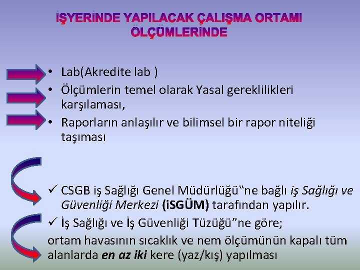 İŞYERİNDE YAPILACAK ÇALIŞMA ORTAMI ÖLÇÜMLERİNDE • Lab(Akredite lab ) • Ölçümlerin temel olarak Yasal