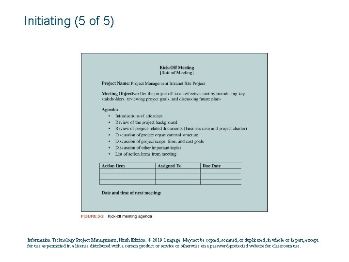 Initiating (5 of 5) Information Technology Project Management, Ninth Edition. © 2019 Cengage. May
