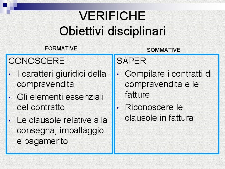 VERIFICHE Obiettivi disciplinari FORMATIVE CONOSCERE • I caratteri giuridici della compravendita • Gli elementi