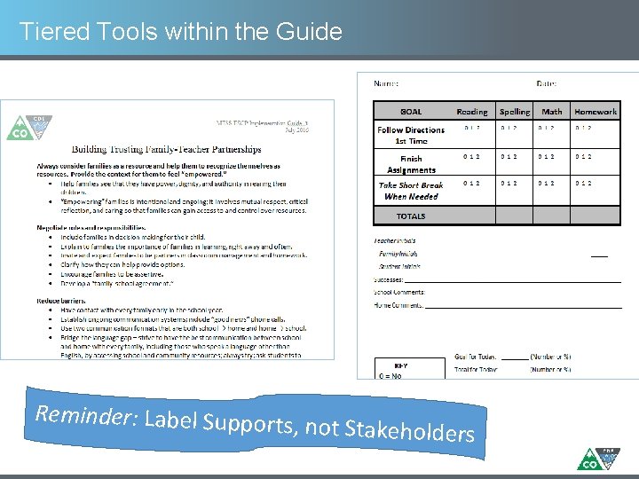 Tiered Tools within the Guide Reminder: Label Supports , not Stakeholders 