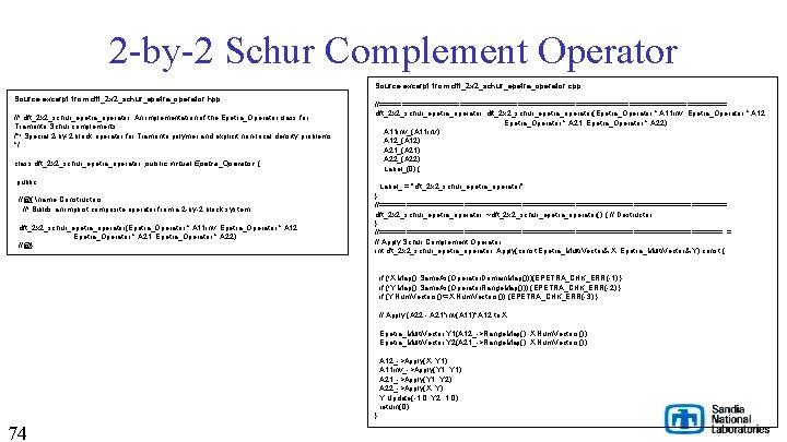 2 -by-2 Schur Complement Operator Source excerpt from dft_2 x 2_schur_epetra_operator. cpp Source excerpt