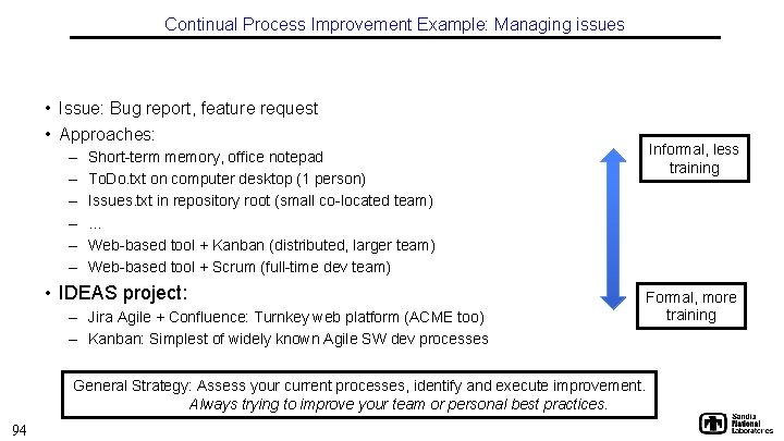 Continual Process Improvement Example: Managing issues • Issue: Bug report, feature request • Approaches: