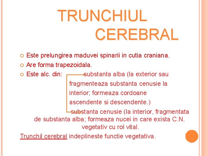 TRUNCHIUL CEREBRAL Este prelungirea maduvei spinarii in cutia craniana. Are forma trapezoidala. Este alc.