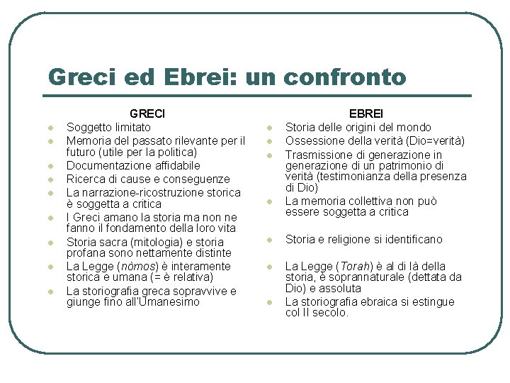 Greci ed Ebrei: un confronto l l l l l GRECI Soggetto limitato Memoria